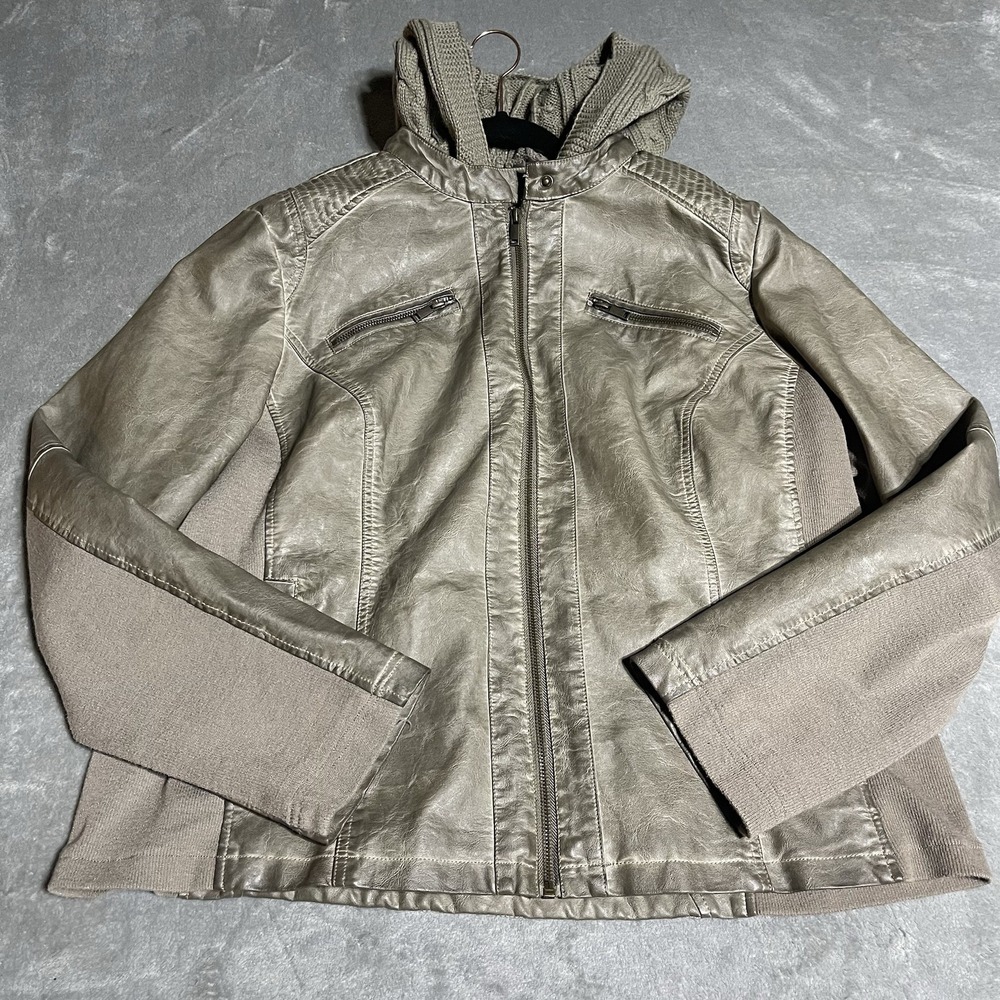 Sebby Collection Faux Leather Jacket Womens 1X‎ Hooded Full Zip Boho Grunge